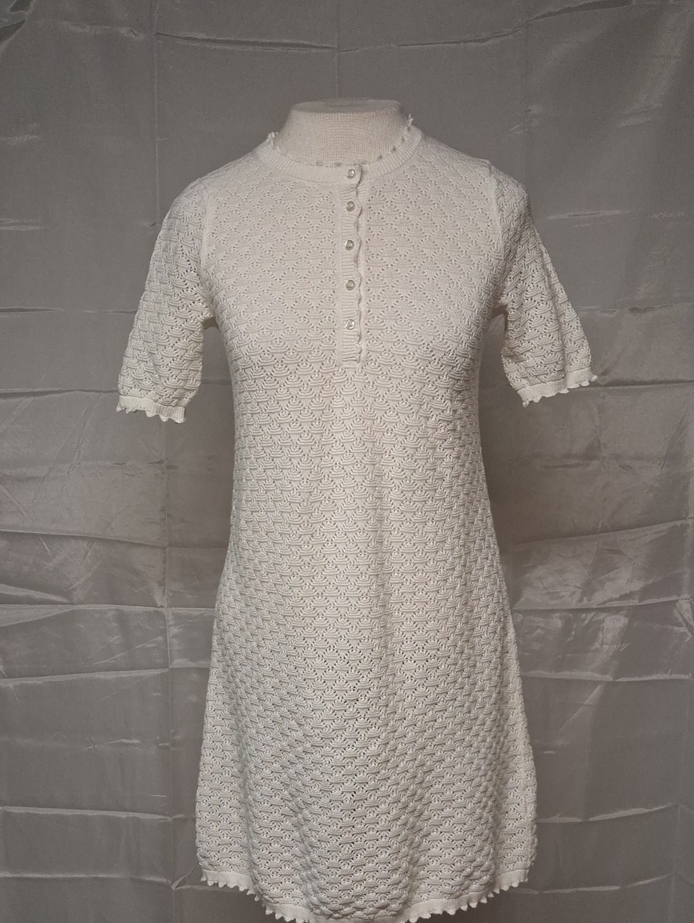 GAP Linen Blend Pointelle Dress Ivory Short Sleeve Vintage Inspired Size XXS